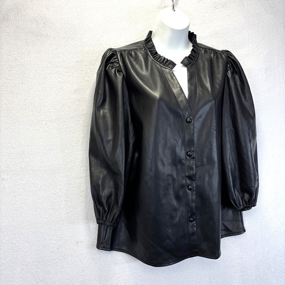 Marc New York Faux Leather Jacket Womens Medium Black V Neck Puff Sleeve Supple - Picture 3 of 15